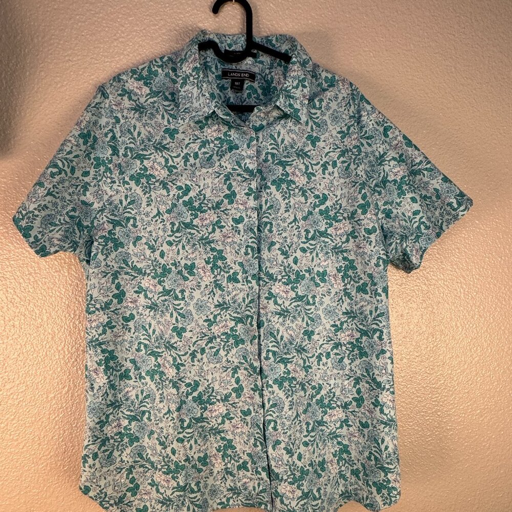 Lands' End Blue/Green Floral Print Button Down - 18 Tall